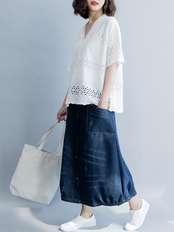 Casual Hollow out V-neck T-shirt