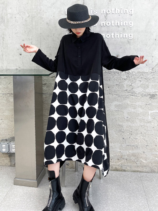 Stylish Irregular Polka-Dot Spit-Joint Buttoned Lapel Collar Long Sleeves A-Line Midi Shirt Dress