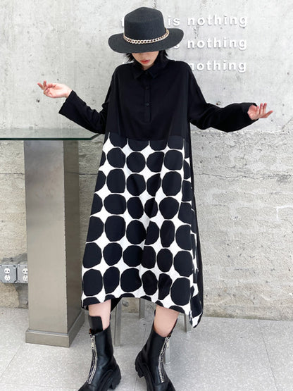 Stylish Irregular Polka-Dot Spit-Joint Buttoned Lapel Collar Long Sleeves A-Line Midi Shirt Dress