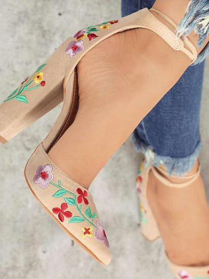 Embroidered Chunky Heels Shoes
