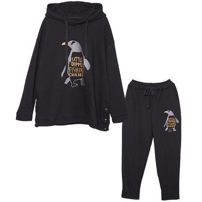 Buykud Penguin Embroidery Casual Two Piece Suit