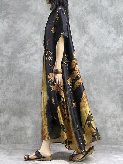 Vintage Loose Printed  Silk  Dress + Silk Cotton Braces Skirt