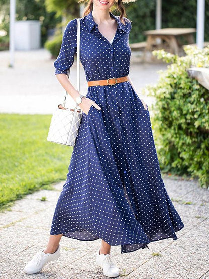Polka-dot V-neck Long Sleeves Maxi Dress