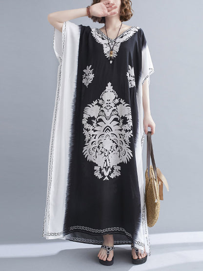 Bohemia Printed V-Neck Batwing Sleeves Contrast Color Maxi Dress