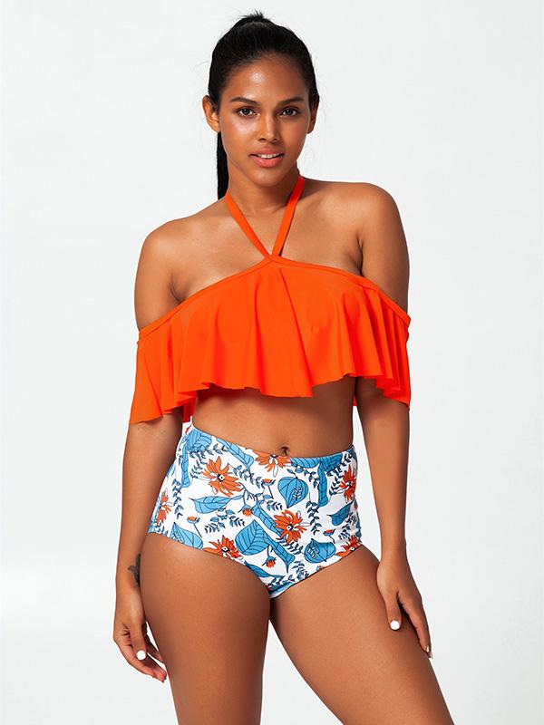 Sexy Bare Shoulders Flounces Split Bikini Swimsuit