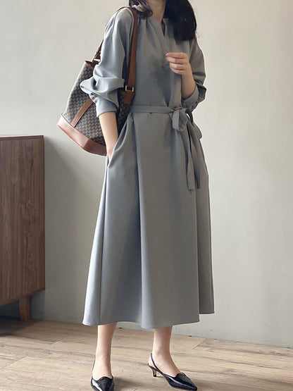 Urban Simple Solid Color Pleated Tied V-Neck Long Sleeves Midi Dress