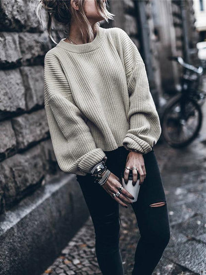 Fshion Solid Color Long Sleeves Sweater Tops