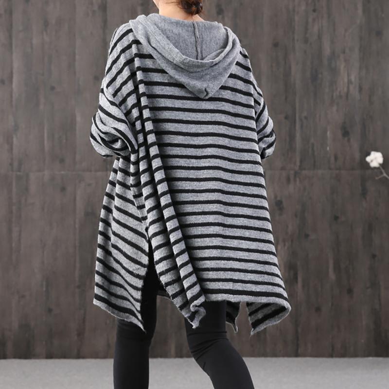 Buykud Split Hem Horizontal Stripes Knitted Hoodie