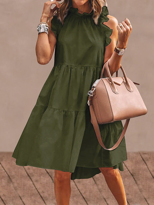 Stylish Solid Color Falbala Sleeveless Stand Collar Midi Dress