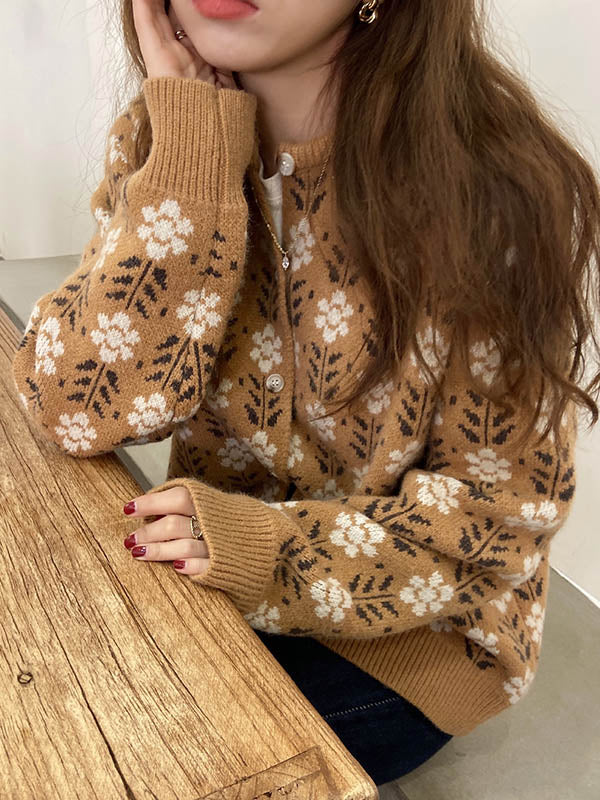 Original Buttoned Round-Neck Long Sleeves Cardigans