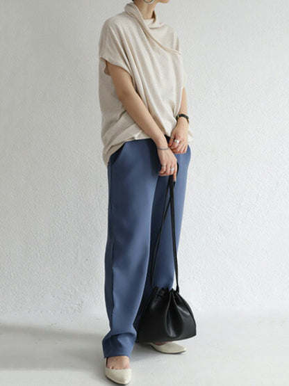 Casual Irregular Solid Color Pleated Heaps Collar Short Sleeves T-Shirt
