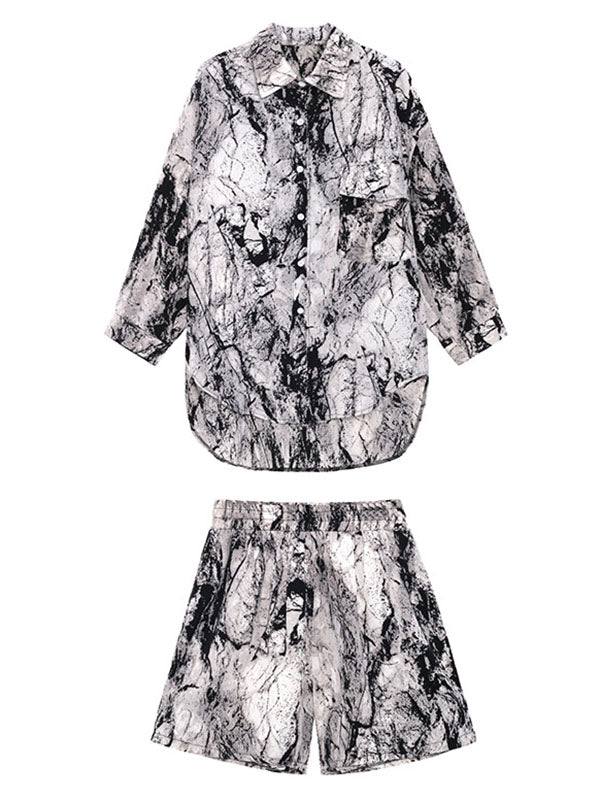 Fashion Ink-Printing Lapel Long Sleeves Blouse+ Elastics Wide Leg Shorts Suit