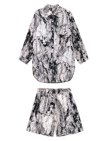 Fashion Ink-Printing Lapel Long Sleeves Blouse+ Elastics Wide Leg Shorts Suit