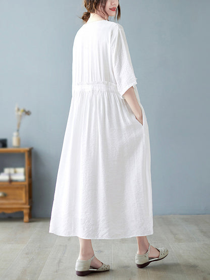 Artistic Retro Loose Solid Color Embroidered Drawstring Midi Dress