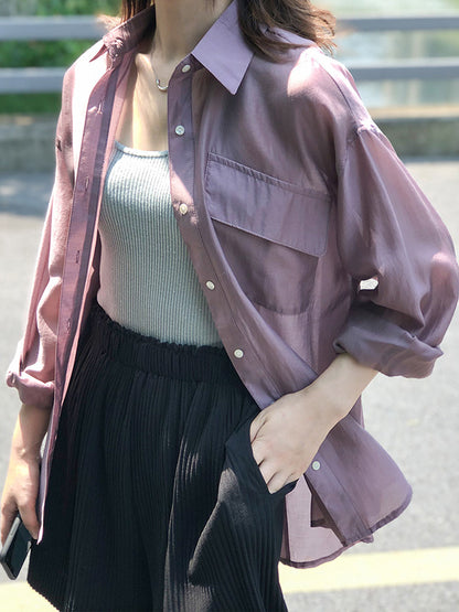 Casual Loose Solid Color Lapel Collar Long Sleeves Shirts