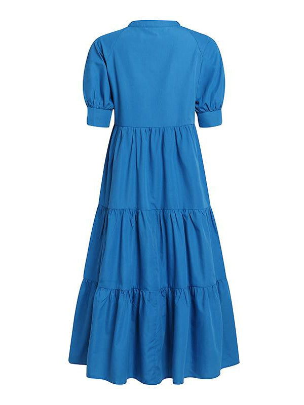 Original Solid Color Split-Joint Pleated Buttoned Stand Collar Half Puff Sleeves Midi Dress