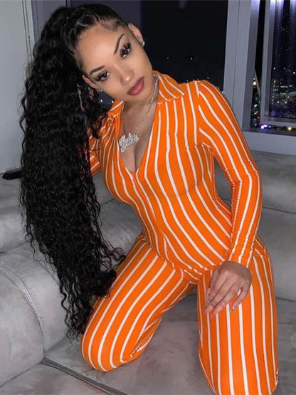 V-neck Striped Sports Jumpsuits