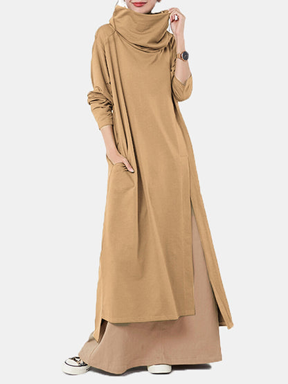 Casual Solid Color Split-Side Heaps Collar Long Sleeves Midi Dress