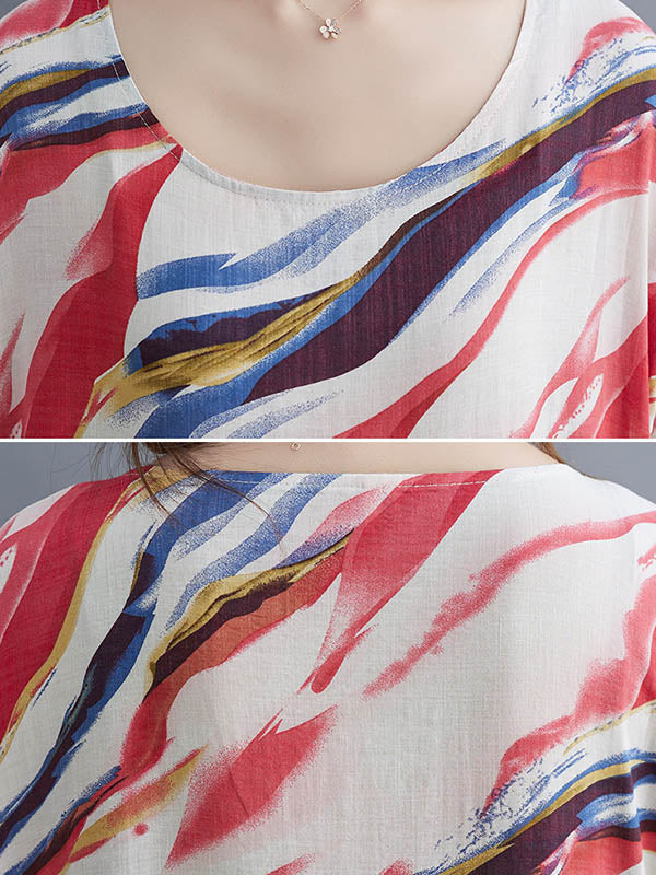 Vintage Loose Printed Split-Joint Pleated Half Sleeves Maxi Dress
