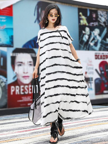 Loose Simple Striped Round-neck Long Dress