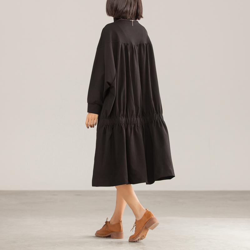 Cotton Solid Black Loose A-Line Long Sleeve Dress