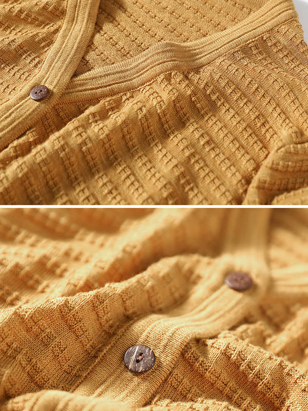 Casual Solid Color Buttoned V-Neck Long Sleeves Jacquard Knitted Cardigan