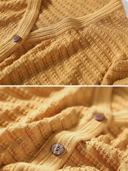 Casual Solid Color Buttoned V-Neck Long Sleeves Jacquard Knitted Cardigan