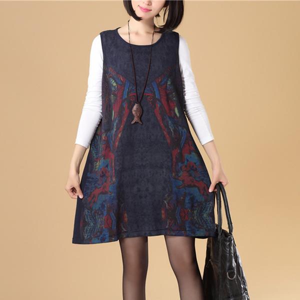 Autumn Women Round Neck Sleeveless Colorful Printing Sweater Dress