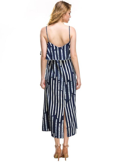 Printed Falbala Spaghetti-neck Maxi Dress