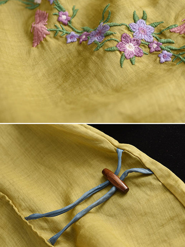 Vintage Artistic Retro Ramie Cotton Embroidered T-Shirt Top