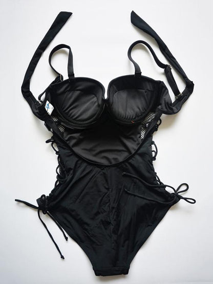 Plain Lace-up One-piece Swimwear
