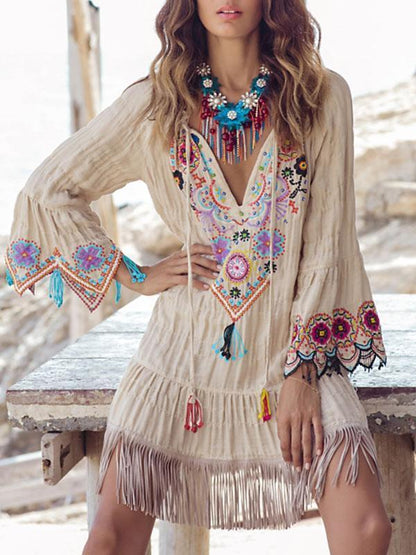 Summer V-necked Beach Dress with Floral Ornament