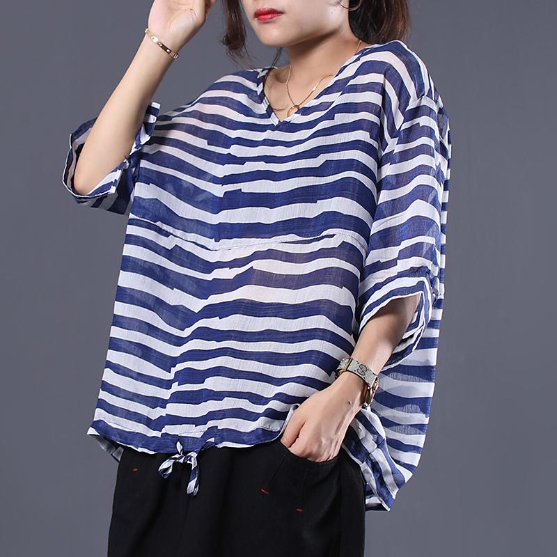 Adjustable Waist Stripes Casual Loose Blouse