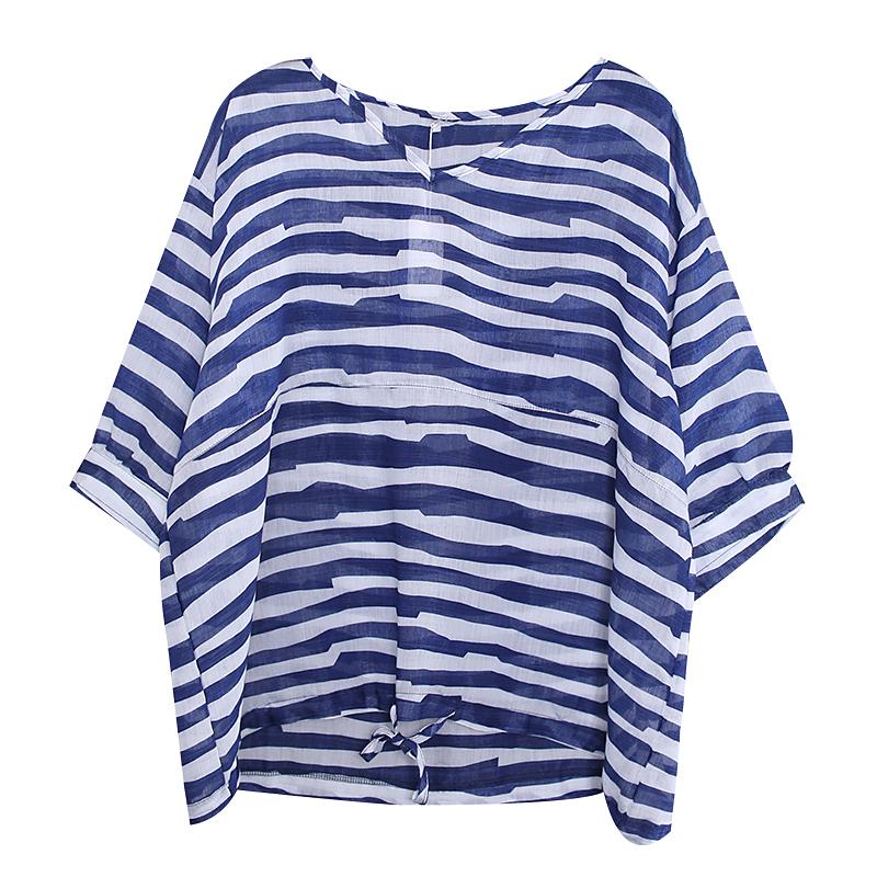 Adjustable Waist Stripes Casual Loose Blouse