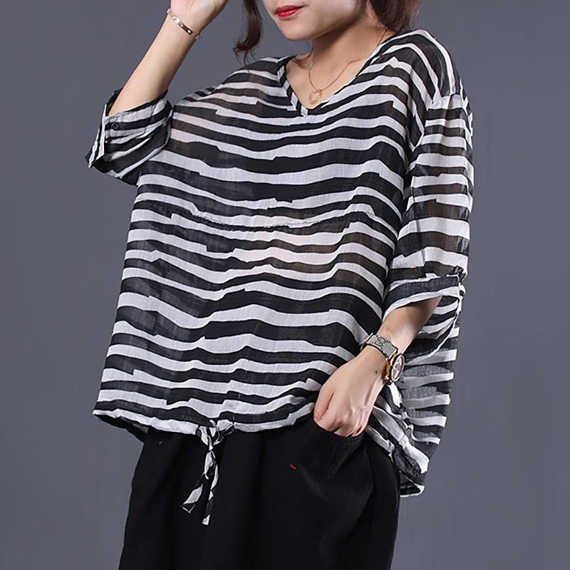 Adjustable Waist Stripes Casual Loose Blouse