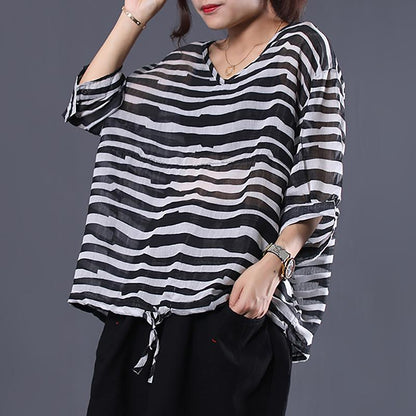 Adjustable Waist Stripes Casual Loose Blouse