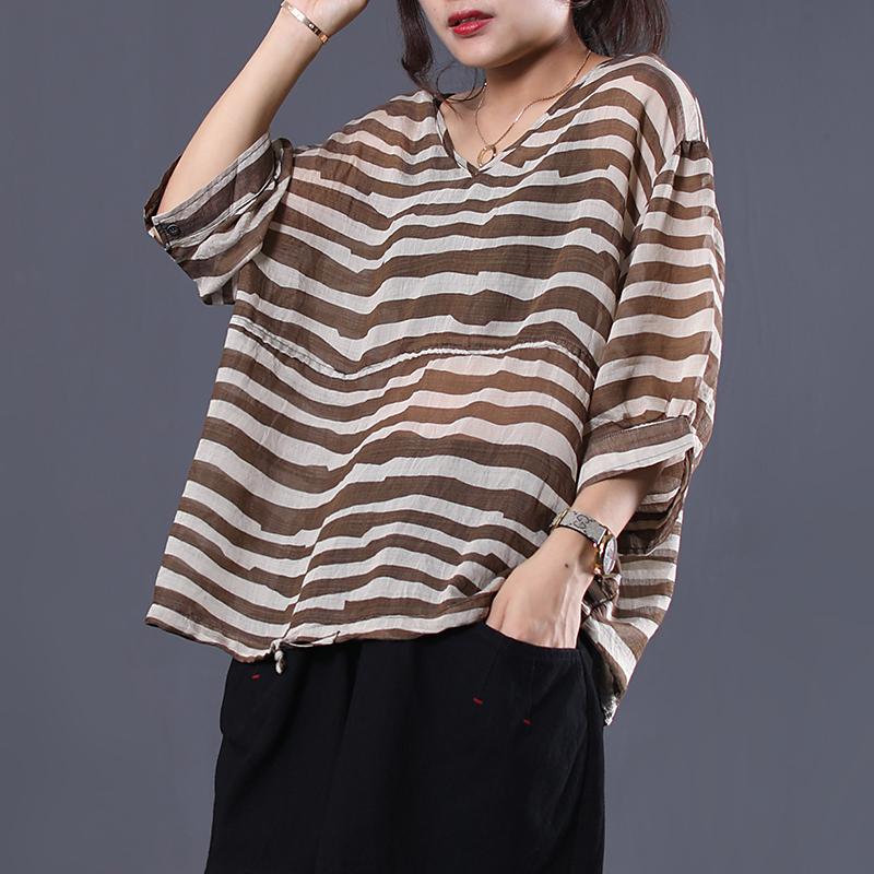 Adjustable Waist Stripes Casual Loose Blouse