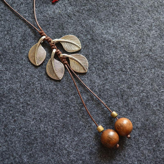 Alloy Leaves Ebony Beads Women Retro Necklace