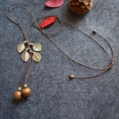 Alloy Leaves Ebony Beads Women Retro Necklace