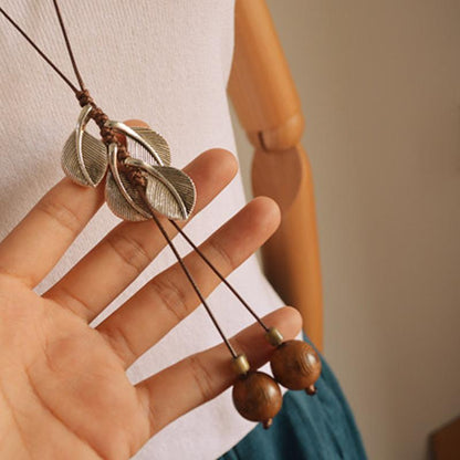 Alloy Leaves Ebony Beads Women Retro Necklace