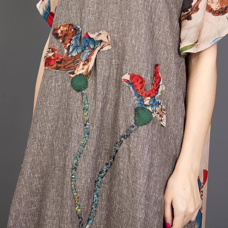 Appliques Floral Printed Casual Round Collar Dress