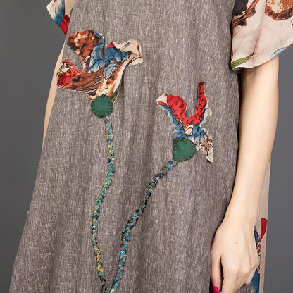 Appliques Floral Printed Casual Round Collar Dress