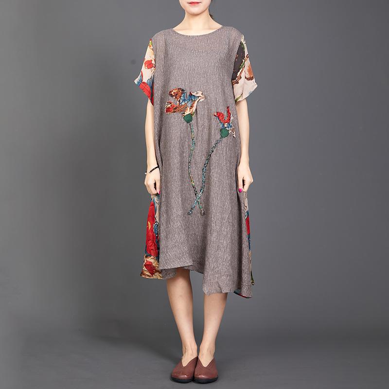 Appliques Floral Printed Casual Round Collar Dress