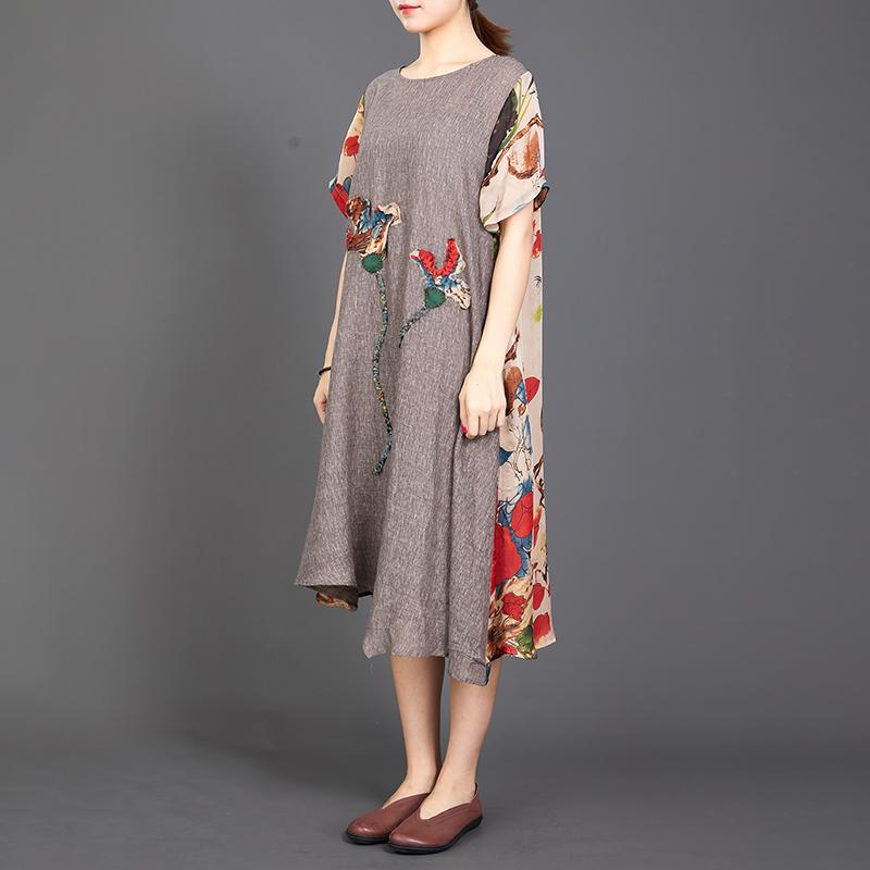 Appliques Floral Printed Casual Round Collar Dress
