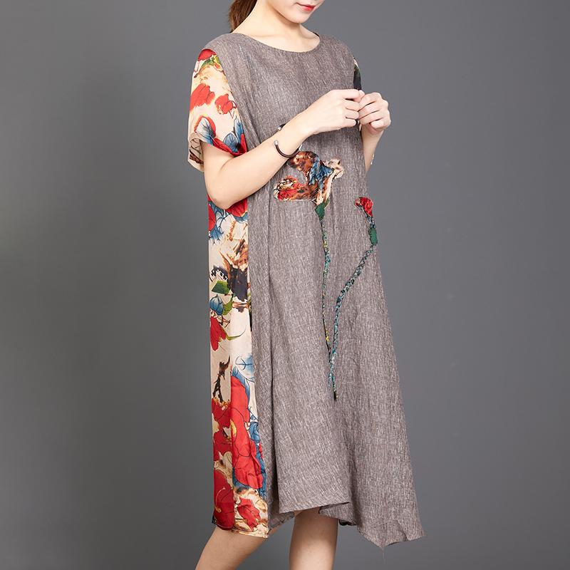 Appliques Floral Printed Casual Round Collar Dress