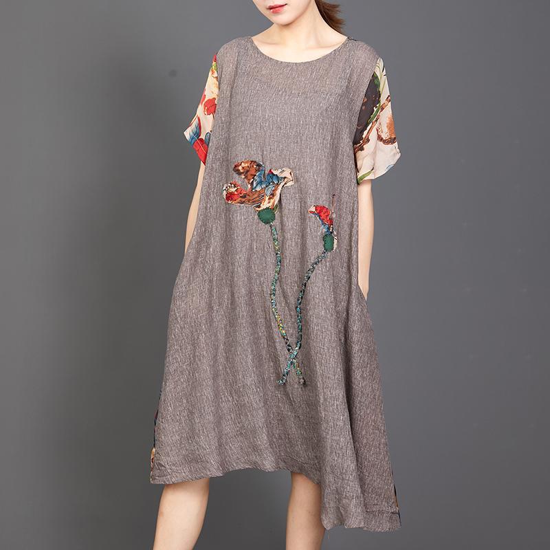 Appliques Floral Printed Casual Round Collar Dress