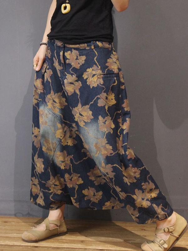 Autumn Retro Denim Printed Loose Culottes