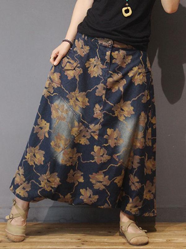 Autumn Retro Denim Printed Loose Culottes