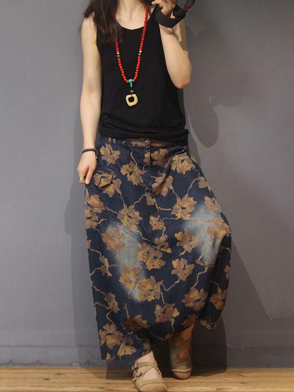Autumn Retro Denim Printed Loose Culottes