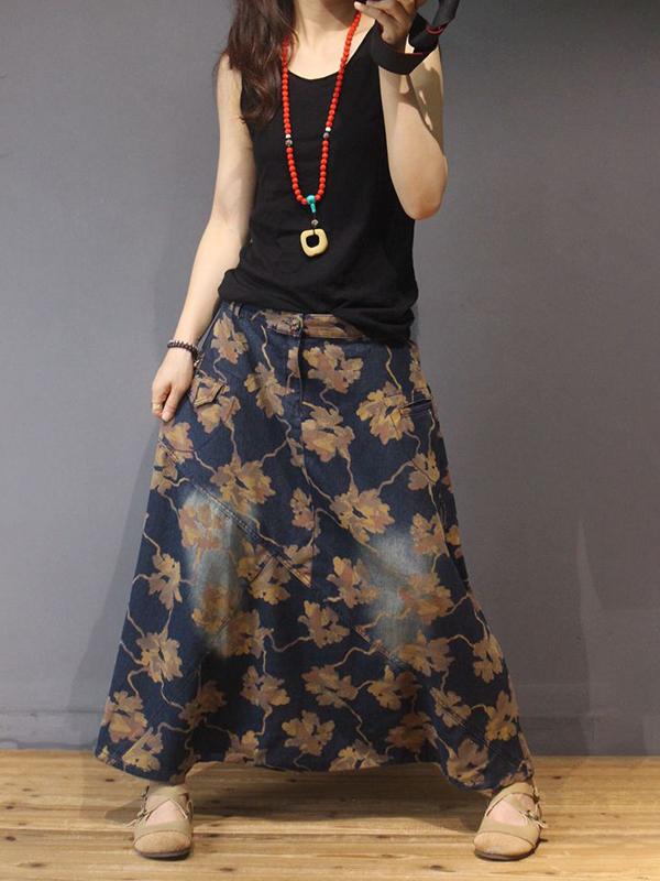 Autumn Retro Denim Printed Loose Culottes